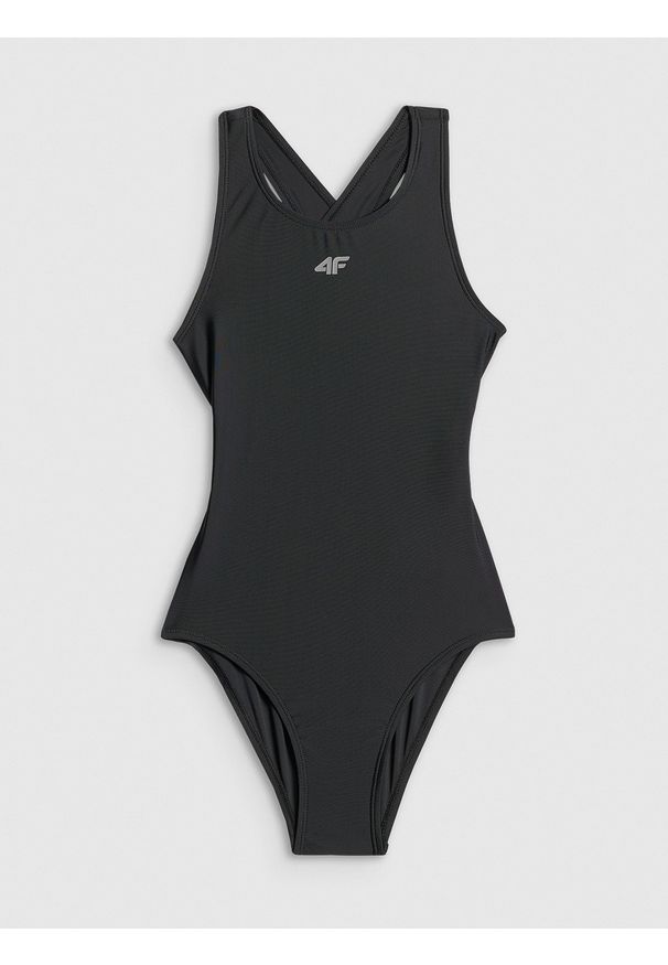 4f - 4F Kostium kąpielowy jednoczęściowy dziewczęcy - czarny 122/128 (6-8 lat). Kolor: czarny. Materiał: skóra, materiał. Rodzaj stanika: push-up
