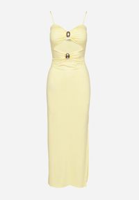 Born2be - Żółta Sukienka Dopasowana na Ramiączkach z Wycięciami pod Biustem i Metalowymi Detalami Galentia. Okazja: na co dzień. Kolor: żółty. Długość rękawa: na ramiączkach. Styl: casual, klasyczny #2