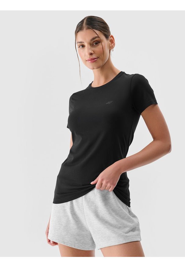 4f - 4F T-shirt slim gładki damski - czarny S. Okazja: na co dzień. Kolor: czarny. Materiał: elastan, bawełna, materiał, dzianina, jersey. Długość rękawa: krótki rękaw. Długość: krótkie. Wzór: gładki. Sezon: lato. Styl: klasyczny, casual, sportowy