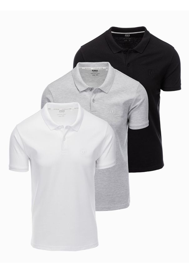 Ombre Clothing - Komplet bawełnianych męskich t-shirtów polo BASIC – czarny/szary melanż/biały V2 - Rozmiar: L. Typ kołnierza: polo. Kolor: biały. Materiał: bawełna. Wzór: melanż, haft. Styl: klasyczny, sportowy