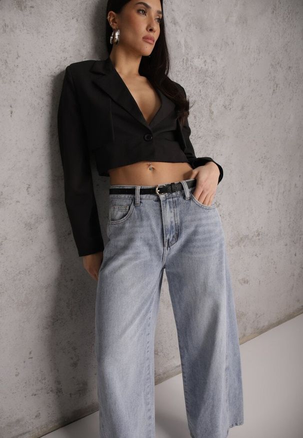 Renee - Niebieskie Jeansy Wide Leg z Bawełną i Wiskozą Zdobione Przeszyciami Hariola. Okazja: na co dzień. Stan: podwyższony. Kolor: niebieski. Wzór: aplikacja. Styl: casual, klasyczny