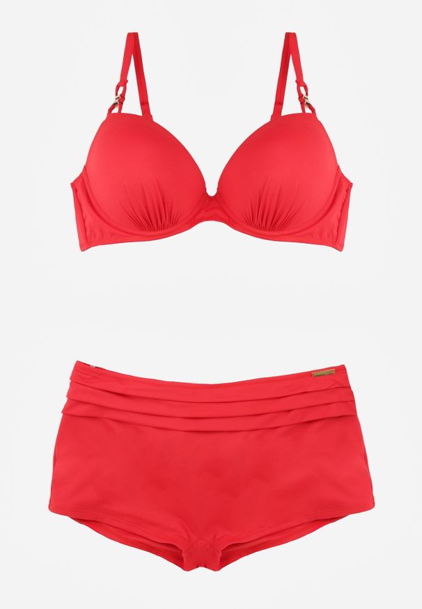 Born2be - Czerwone Bikini z Ozdobnym Marszczeniem Biustonosz i Majtki Typu Bokserki Peiria. Kolor: czerwony