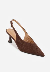 Renee - Ciemnobrązowe Czółenka Slingback VICES na Kaczuszce z Ażurową Cholewką Klephei. Zapięcie: pasek. Kolor: brązowy. Materiał: jeans, skóra, koronka. Szerokość cholewki: normalna. Wzór: ażurowy. Obcas: na szpilce #9