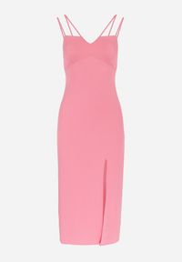 Born2be - Różowa Sukienka na Ramiączkach z Rozcięciem Sophiya. Kolor: różowy. Materiał: tkanina. Długość rękawa: na ramiączkach. Wzór: aplikacja, gładki. Długość: midi #3