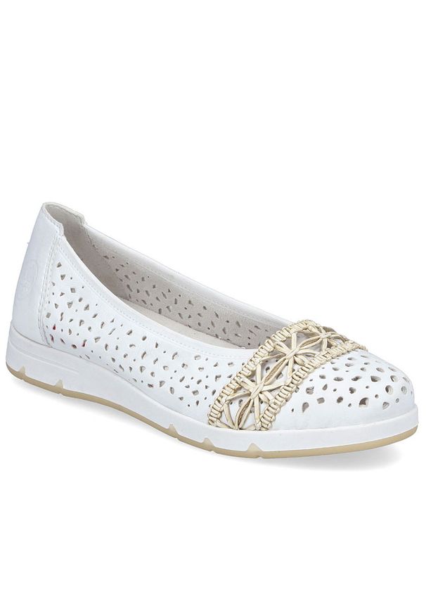 Baleriny damskie ażurowe komfortowe białe Rieker L3062-80. Kolor: biały. Materiał: skóra ekologiczna. Wzór: ażurowy