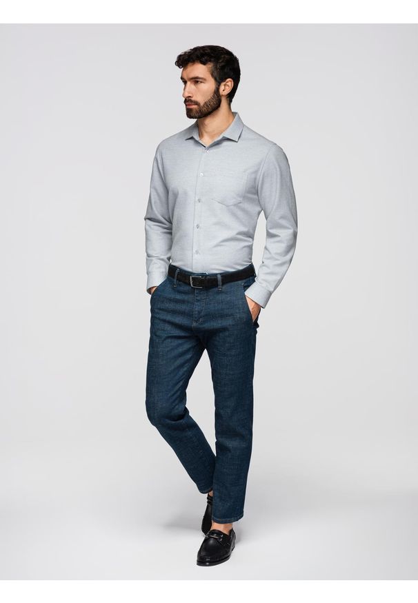 Ombre Clothing - Męska koszula klasyczna regular fit - szary melanż V2 - Rozmiar: XL. Okazja: na co dzień, na spotkanie biznesowe. Typ kołnierza: kołnierzyk klasyczny. Kolor: szary. Materiał: materiał, bawełna, poliester. Długość rękawa: długi rękaw. Długość: długie. Wzór: melanż. Styl: klasyczny