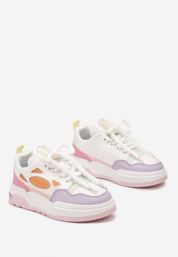 Born2be - Biało-Fioletowe Sneakersy na Grubej Podeszwie z Ozdobnym Sznurowaniem Aqulli. Kolor: biały. Materiał: jeans. Obcas: na platformie