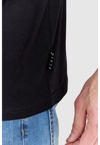 Philipp Plein - PHILIPP PLEIN Czarny męski t-shirt zdobiony dżetami z czaszką i logo, Rozmiar M. Kolor: czarny. Wzór: aplikacja #2