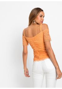 Shirt cold-shoulder z koronką bonprix jasnopomarańczowy. Kolor: pomarańczowy. Materiał: koronka. Długość rękawa: na ramiączkach. Wzór: koronka #6