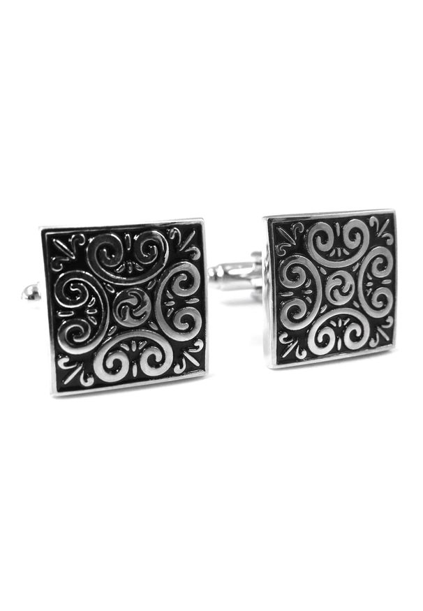Modini - Czarne kwadratowe spinki do mankietów - srebrny ornament U125. Kolor: srebrny, czarny, wielokolorowy