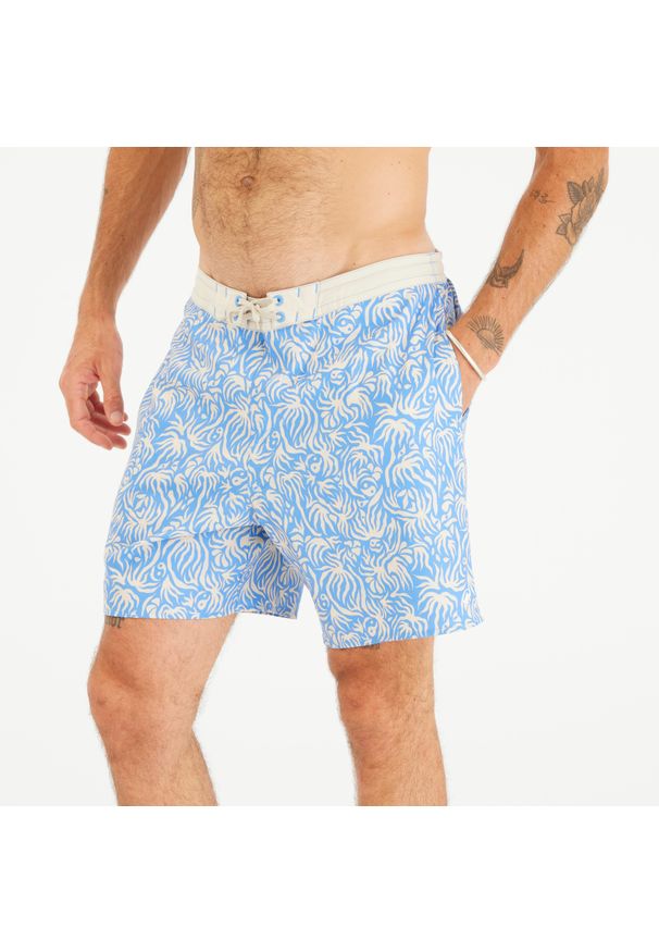 OLAIAN - Spodenki surfingowe męskie Olaian 100 18" Flora. Kolor: niebieski. Materiał: poliester, materiał. Długość: długie. Styl: sportowy