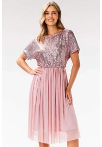 Awama - Koktajlowa sukienka na wesele rozkloszowana z cekinami róż. Okazja: na wesele, na imprezę, na ślub cywilny. Kolor: czarny, beżowy, różowy. Styl: wizytowy #4
