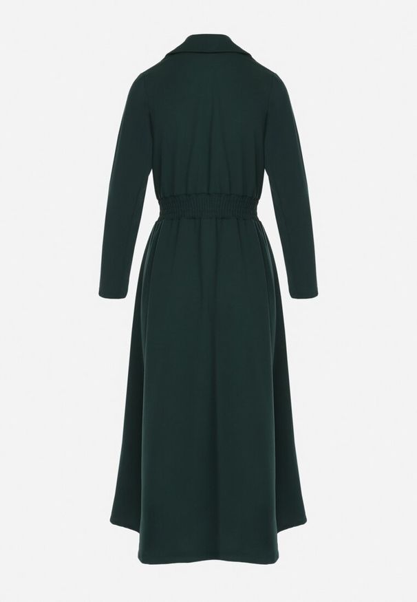 Born2be - Ciemnozielona Rozkloszowana Sukienka Midi z Kopertową Górą i Gumką w Pasie Ametis. Kolor: zielony. Typ sukienki: kopertowe. Długość: midi