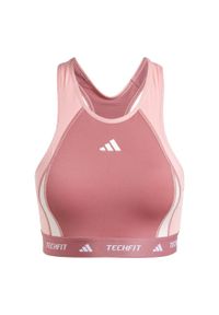 Adidas - Biustonosz Techfit Medium-Support High-Neck Colorblock. Kolor: czerwony, różowy, wielokolorowy. Materiał: materiał. Technologia: Techfit (Adidas)