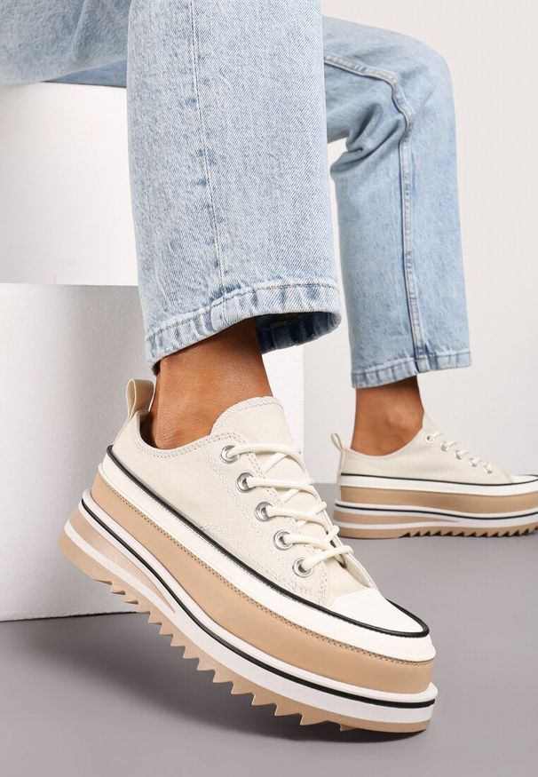 Born2be - Beżowe Trampki na Grubej Podeszwie przed Kostkę Aneerla. Wysokość cholewki: przed kostkę. Zapięcie: sznurówki. Kolor: beżowy. Materiał: jeans. Styl: klasyczny, elegancki