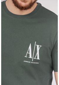 Armani Exchange - ARMANI EXCHANGE Szaro-zielony t-shirt męski z wyszywanym logo. Kolor: zielony. Materiał: prążkowany #3