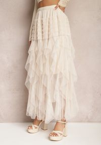 Renee - Jasnobeżowa Rozkloszowana Spódnica Maxi z Podszewką i Tiulem Esmerallda. Okazja: na co dzień. Kolor: beżowy. Materiał: tiul. Styl: elegancki, casual #5