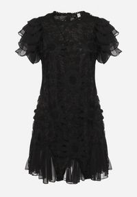 Born2be - Czarna Sukienka Mini z Koronkowymi Wstawkami i Falbankami Soffiana. Okazja: na co dzień, na imprezę. Typ kołnierza: kołnierz z falbankami. Kolor: czarny. Materiał: koronka. Długość rękawa: krótki rękaw. Wzór: koronka. Styl: casual, elegancki. Długość: mini #7
