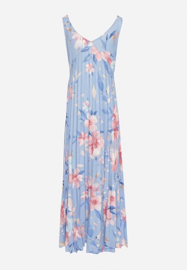 Born2be - Niebieska Sukienka o Rozkloszowanym Kroju z Plisami i Dekoltem w Serek Nitolina. Okazja: na co dzień, na spacer. Typ kołnierza: dekolt w serek. Kolor: niebieski. Materiał: jeans. Długość rękawa: na ramiączkach. Typ sukienki: rozkloszowane. Styl: casual