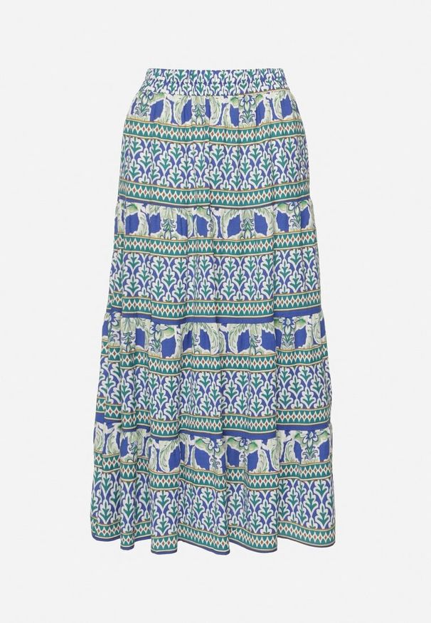 Born2be - Niebieska Rozkloszowana Spódnica z Wiskozą w Etniczny Wzór Kolamiela. Okazja: na co dzień. Kolor: niebieski. Materiał: wiskoza. Styl: elegancki, casual