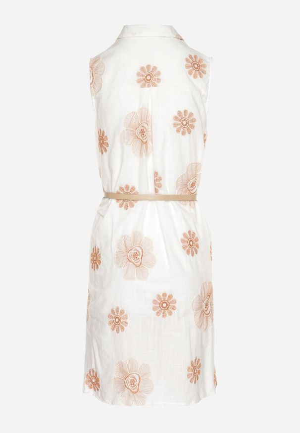 Born2be - Jasnobeżowa Bawełniana Sukienka Koszulowa w Haftowane Kwiaty z Paskiem z Klamrą Turivana. Okazja: na co dzień. Kolor: beżowy. Materiał: bawełna. Wzór: haft, kwiaty. Typ sukienki: koszulowe. Styl: casual, elegancki, klasyczny