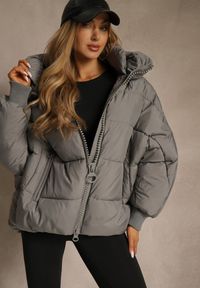 Renee - Szara Oversizowa Kurtka Puffer z Kaputrem Mevenassa. Kolor: szary. Materiał: dzianina, poliester, zamsz. Sezon: zima. Styl: elegancki #4