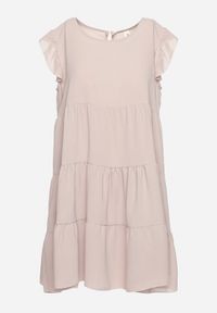 Born2be - Beżowa Rozkloszowana Sukienka z Falbankami Zapinana przy Szyi Rettesa. Okazja: na co dzień. Typ kołnierza: kołnierz z falbankami. Kolor: beżowy. Materiał: wiskoza, tkanina. Sezon: lato. Styl: elegancki, casual #2