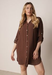 Born2be - Brązowa Sukienka Oversize z Bawełny o Prostym Kroju Koszulowym Elanistra. Okazja: na co dzień. Kolor: brązowy. Materiał: bawełna. Typ sukienki: koszulowe, proste, oversize. Styl: elegancki, casual #1