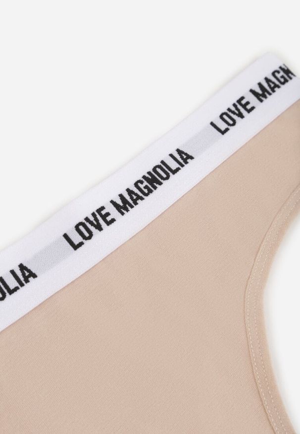 Born2be - Beżowe Majtki Typu Stringi z Bawełną i Napisami Veza. Kolor: beżowy. Materiał: bawełna. Wzór: napisy