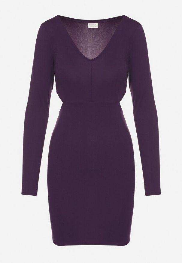Born2be - Fioletowa Sukienka o Dopasowanym Kroju z Wycięciami w Talii Halassia. Okazja: na co dzień, na randkę. Typ kołnierza: dekolt w serek. Kolor: fioletowy. Długość rękawa: długi rękaw. Typ sukienki: proste, dopasowane. Styl: casual, elegancki