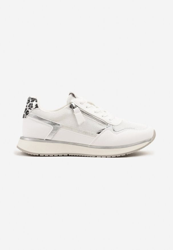 Renee - Białe Sneakersy Ozdobione Suwakiem i Metalicznymi Wstawkami Alua. Okazja: na co dzień. Kolor: biały. Materiał: jeans. Wzór: aplikacja. Sezon: lato, wiosna