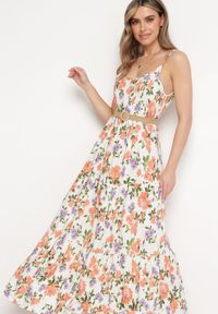 Born2be - Biało-Różowa Sukienka z Wiskozy na Cienkich Ramiączkach z Falbanką Jrinesa. Kolor: biały. Materiał: wiskoza. Długość rękawa: na ramiączkach. Sezon: lato #2