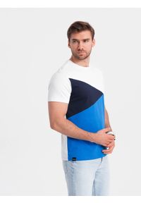 Ombre Clothing - T-shirt męski trójkolorowy bawełniany - biało-niebieski V4 OM-TSCT-0174 - XXL. Okazja: na co dzień. Kolor: niebieski. Materiał: bawełna. Wzór: geometria. Styl: casual, klasyczny