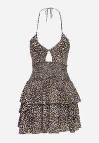 Born2be - Czarno-Biała Sukienka w Cętki Wiązana na Szyi z Falbankami Filanne. Okazja: na co dzień. Typ kołnierza: kołnierz z falbankami. Kolor: czarny. Styl: casual, elegancki #2