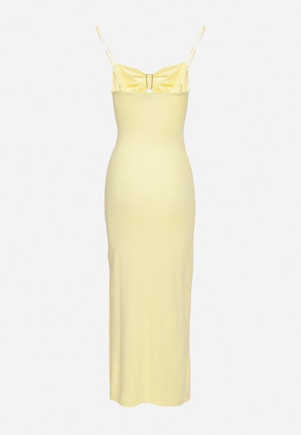 Born2be - Żółta Sukienka Dopasowana na Ramiączkach z Wycięciami pod Biustem i Metalowymi Detalami Galentia. Okazja: na co dzień. Kolor: żółty. Długość rękawa: na ramiączkach. Styl: klasyczny, casual