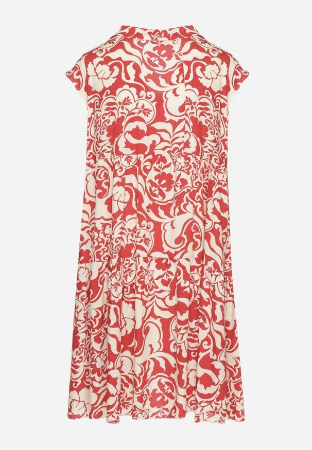 Born2be - Czerwona Bawełniana Sukienka o Kroju Oversize w Ornamentny Wzór Izelona. Okazja: na co dzień. Kolor: czerwony. Materiał: bawełna. Typ sukienki: oversize. Styl: casual, klasyczny