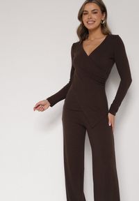 Born2be - Brązowy Bawełniany Komplet Kopertowa Bluzka z Długim Rękawem i Spodnie Ferenna. Kolor: brązowy. Materiał: bawełna #3