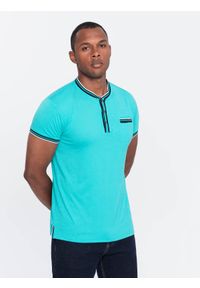 Ombre Clothing - T-shirt męski henley ozdobnymi ściągaczami - turkusowy V7 OM-TSCT-0175 - XXL. Okazja: na co dzień. Typ kołnierza: typu henley. Kolor: turkusowy. Materiał: jedwab, żakard, wiskoza, poliester, materiał, elastan. Wzór: aplikacja, paski, kolorowy. Styl: klasyczny, casual #4