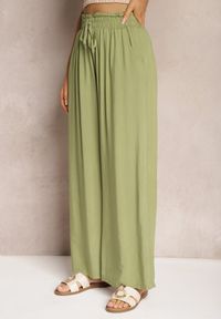 Renee - Jasnozielone Spodnie z Bawełny Typu Palazzo High Waist z Gumką w Talii Nelsaria. Stan: podwyższony. Kolor: zielony. Materiał: bawełna. Sezon: lato #2