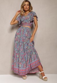 Renee - Fuksjowy Wiskozowy Komplet 2-Częściowy w Print Paisley Długa Spódnica i Kopertowy Top Aeodosia. Kolor: różowy. Materiał: wiskoza. Wzór: paisley, nadruk