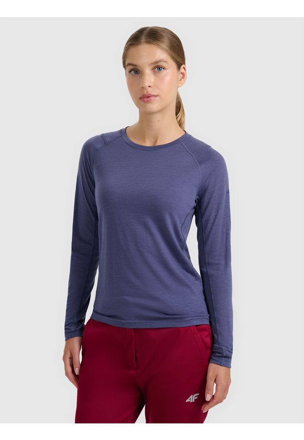 4f - 4F Longsleeve trekkingowy szybkoschnący z wełną merino damski - granatowy XS. Kolor: niebieski. Materiał: wełna. Długość rękawa: długi rękaw. Technologia: Primaloft. Sport: wspinaczka, turystyka piesza