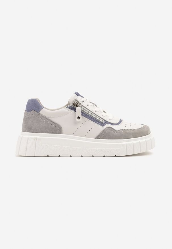 Renee - Biało-Szare Sneakersy ze Skóry Naturalnej z Ozdobnym Suwakiem Tilliraya. Okazja: na co dzień. Kolor: biały. Materiał: skóra. Wzór: aplikacja