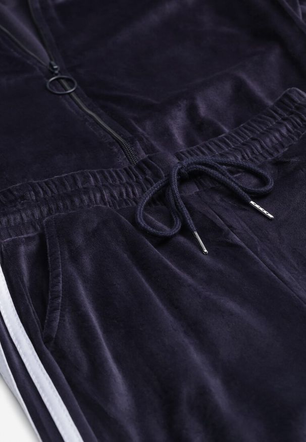 Renee - Granatowy 2-Częściowy Komplet Dresowy z Weluru z Ozdobnymi Lampasami Bluza i Spodnie Anelpe. Kolor: niebieski. Materiał: welur, dresówka