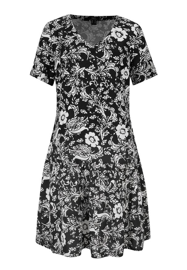 Sukienka tunikowa z nadrukiem, z przyjaznej dla środowiska bawełny bonprix czarny w kwiaty. Kolor: czarny. Materiał: bawełna. Wzór: nadruk, kwiaty