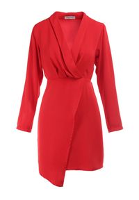 Born2be - Czerwona Sukienka Tryphala. Typ kołnierza: dekolt w kształcie V. Kolor: czerwony. Materiał: tkanina. Długość rękawa: długi rękaw. Wzór: jednolity, aplikacja, gładki. Typ sukienki: kopertowe. Styl: klasyczny. Długość: mini #6