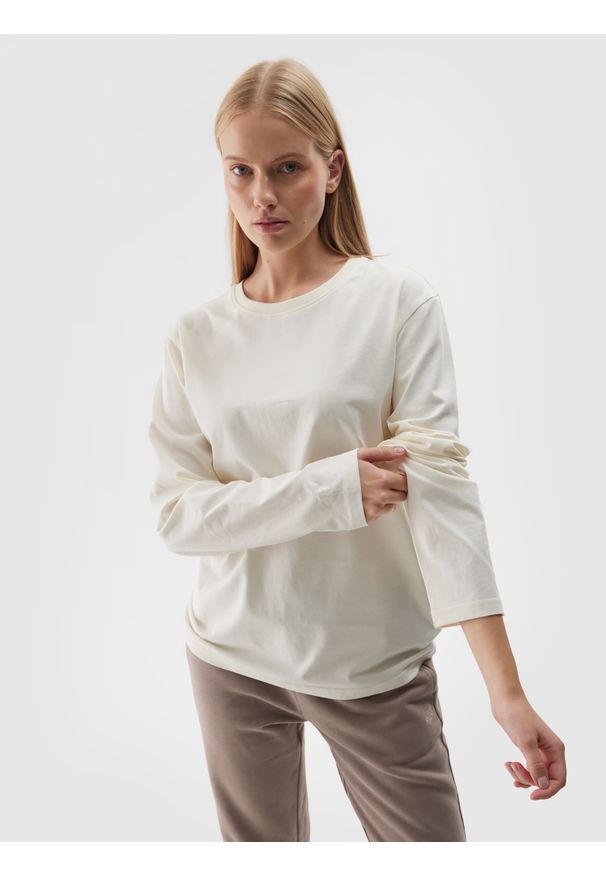 4f - 4F Longsleeve oversize uniseks - biały M. Okazja: na co dzień. Kolor: biały. Materiał: bawełna, jersey, dzianina. Długość rękawa: długi rękaw. Długość: długie. Wzór: gładki, ze splotem. Styl: sportowy, klasyczny, casual