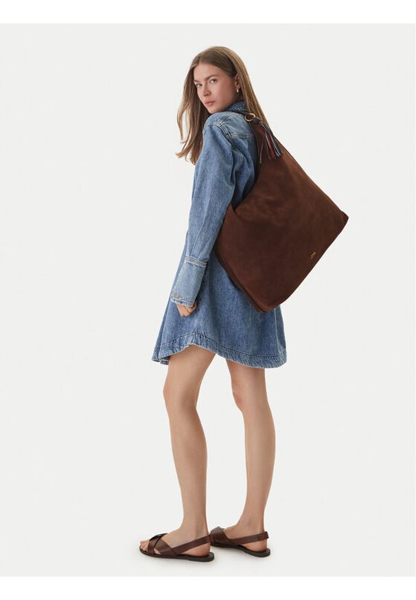 TOMMY HILFIGER - Tommy Hilfiger Torebka Th Statement Leather Hobo Suede AW0AW18403 Brązowy. Kolor: brązowy. Materiał: zamszowe, skórzane