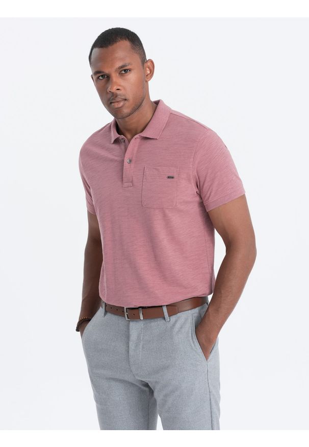 Ombre Clothing - T-shirt męski polo z ozdobnymi guzikami - zgaszony róż V4 S1744 - XXL. Typ kołnierza: polo. Kolor: różowy. Materiał: dzianina, bawełna