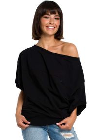 MOE - Czarna Bluzka z Zakładanym Kopertowo Ściągaczem. Kolor: czarny. Materiał: bawełna, elastan #1
