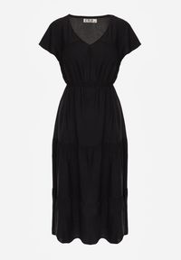 Renee - Czarna Sukienka z Wiskozy Jonmy. Okazja: na co dzień. Typ kołnierza: dekolt w serek. Kolor: czarny. Wzór: gładki, aplikacja. Typ sukienki: proste. Materiał: wiskoza. Długość rękawa: krótki rękaw. Sezon: lato. Styl: casual, elegancki. Długość: midi #2